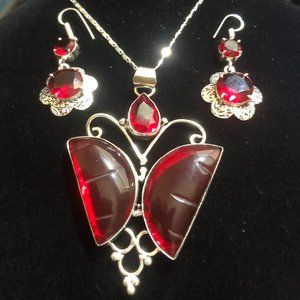 925 Stamped Butterfly- Mozambique Garnet Gemstone Necklace+ Earring Set